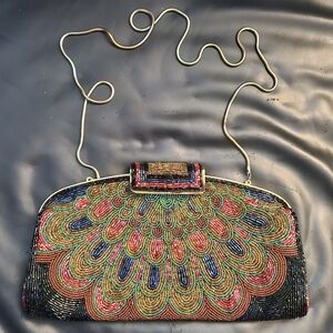 Vintage Peacock Hand beaded Sequin  Elegant Clutch Handbag String Gold Purse